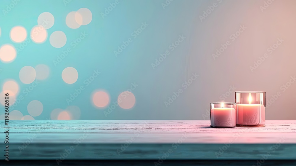 Aufkleber blurred abstract background idea. a serene setting featuring lit candles on a wooden table with soft