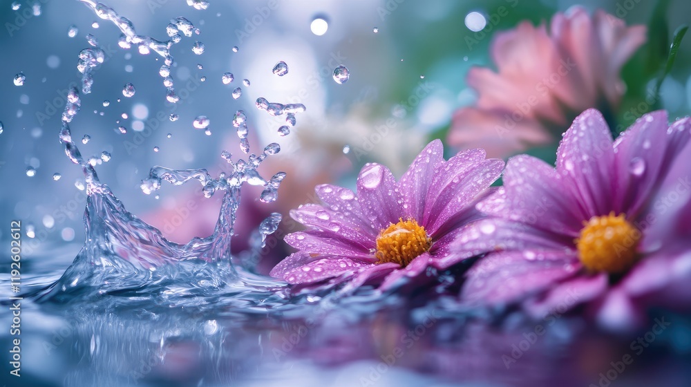 Poster close up of colorful flowers with vibrant raindrops splashing in tranquil water creating a serene an