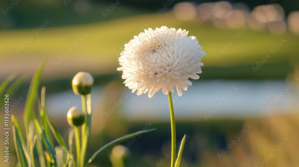 Poster blurred close-up of a delicate white aster flower with green foliage against a soft background of na