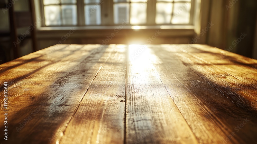 Poster sunlit wooden tabletop with soft shadows creating a warm and inviting atmosphere in a cozy interior 