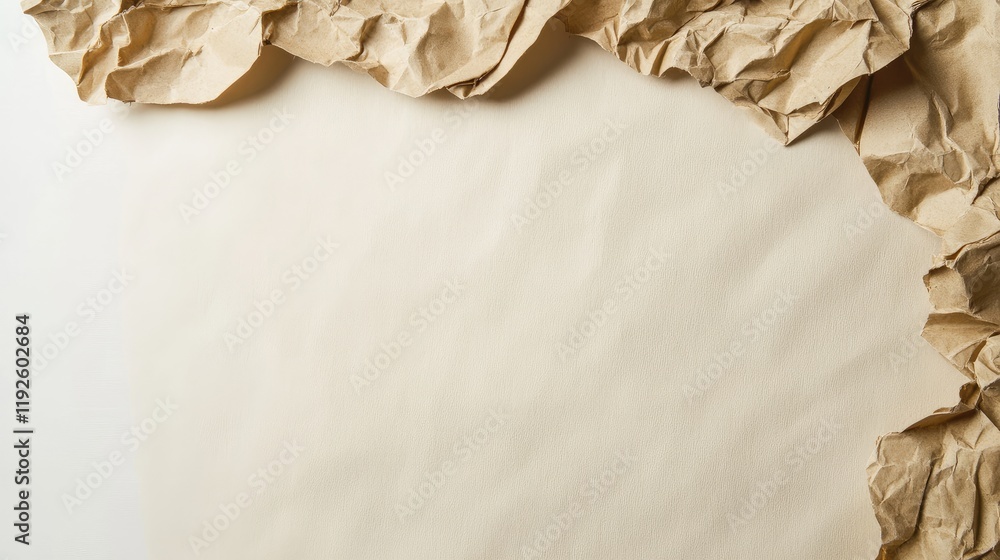 Poster Crumpled Beige Paper Frame with Smooth Blank Center for Text Overlay on Neutral Background