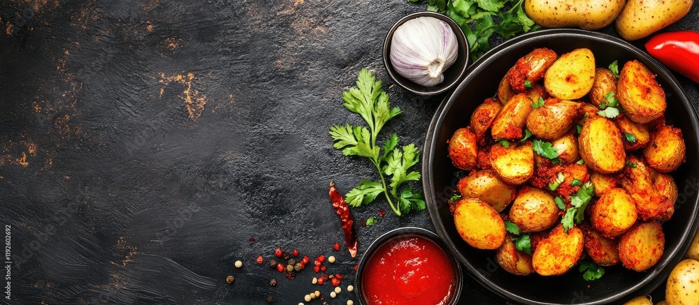 Aufkleber savory street food featuring spicy potatoes in a bowl with fresh ingredients on a textured dark back
