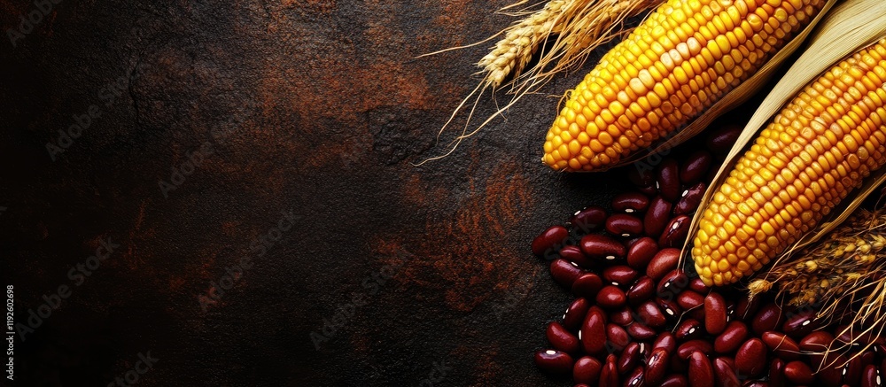 Poster staple foods from across cultures featuring corn and beans on a textured background with space for t