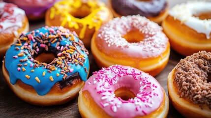 Colorful donuts in various shapes with a variety of toppings and flavors including sweet and savory options displayed on a wooden surface
