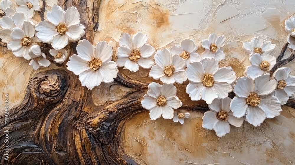 Poster elegant white cherry blossoms intricately detailed on a textured tree trunk creating a serene and ar