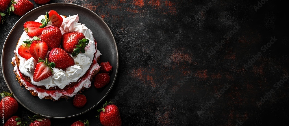 Aufkleber Strawberry shortcake dessert on rustic table with fresh strawberries and cream creating inviting atmosphere for culinary presentations