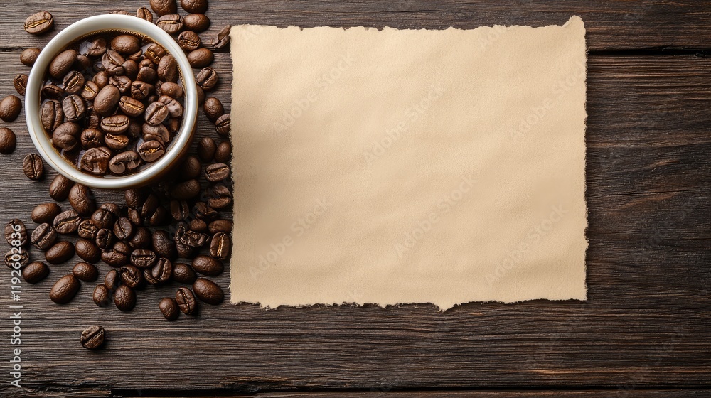 Poster coffee beans and blank note on rustic wooden surface for text or design use