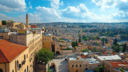 Fototapeta premium Historical cityscape view showcasing the architectural beauty and charm of an ancient city under a bright blue sky.