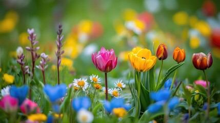 Obraz premium Vibrant spring floral arrangement in a colorful meadow showcasing blooming tulips and wildflowers in bright hues