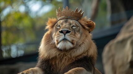 Naklejka premium Majestic lion wearing a crown symbolizing royalty and power in the animal kingdom showcasing the beauty of wildlife and nature.