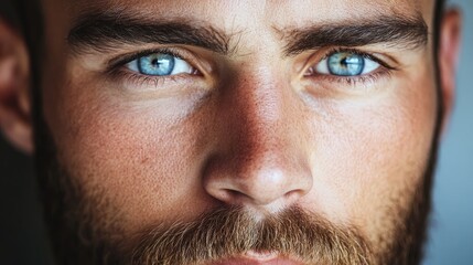 Obraz premium Close up of a man with a well-groomed beard and striking light blue eyes reflecting a thoughtful and contemplative expression.