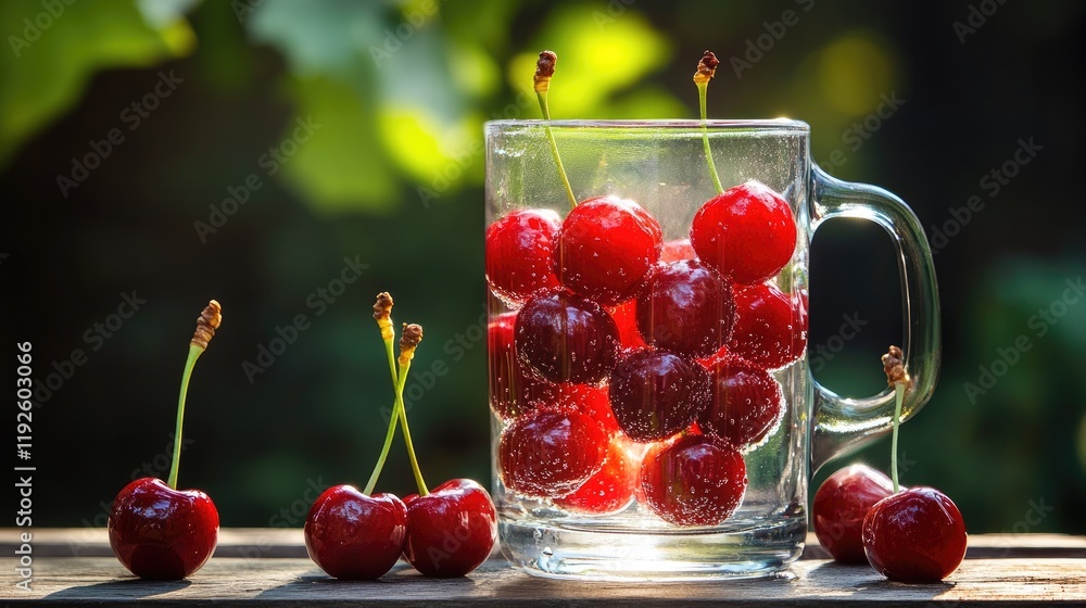 Aufkleber fresh cherries submerged in sparkling water in a glass mug surrounded by nature showcasing vibrant c
