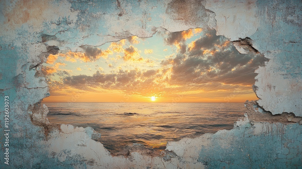 Poster rustic mural of a sunset and clouds painted on a crumbling stucco wall with a view of a serene sea b