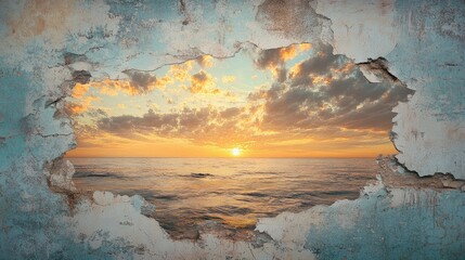 Naklejka premium Rustic mural of a sunset and clouds painted on a crumbling stucco wall with a view of a serene sea beyond the damage