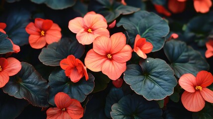 Vibrant red Begonia flowers contrasted against lush dark green leaves in a stunning close-up floral composition.