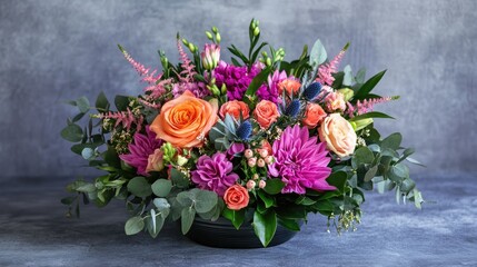 Fototapeta premium Vibrant floral arrangement featuring colorful flowers designed to promote relaxation and enhance interior aesthetics