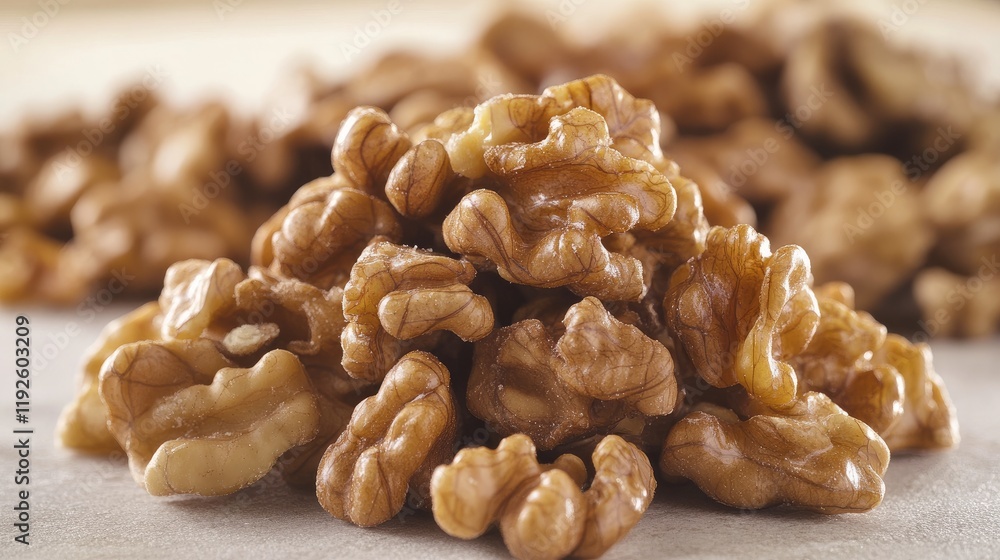 Poster close up macro shot of walnut halves with a soft blurred background showcasing the texture and color