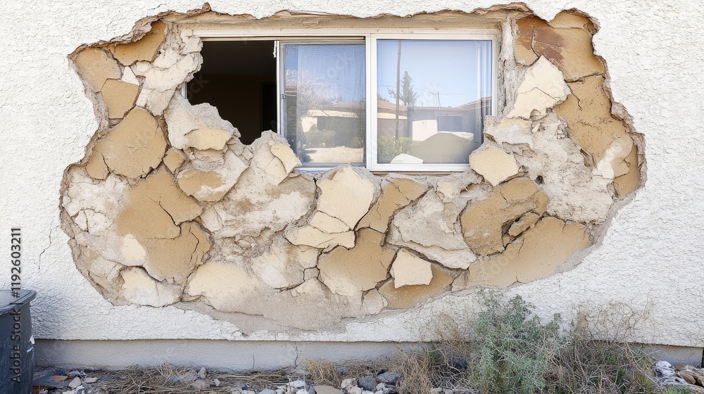 Poster crumbling stucco facade revealing damage on a cement wall with an exposed window in an abandoned pro