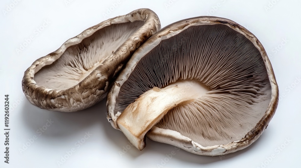 Poster Abalone mushroom showcasing unique texture and structure on white background ideal for plant-based culinary presentations