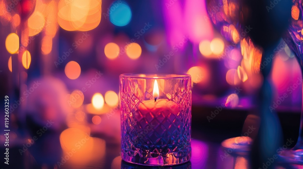 Poster elegant candle glowing amidst a vibrant party background with colorful bokeh lights creating a festi