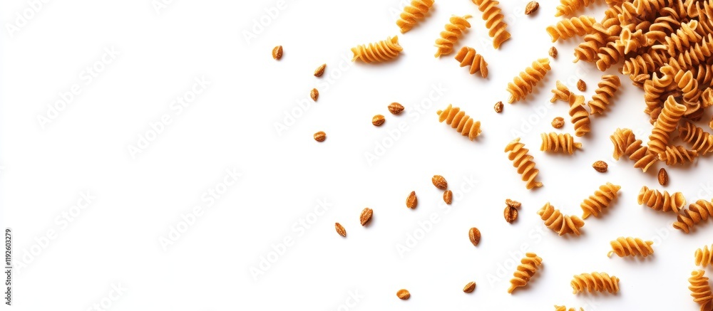 Poster Corkscrew pasta arranged on a white background with ample space for text and branding elements for culinary advertisements or recipes.