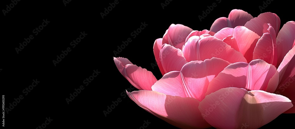 Poster fully bloomed pink tulip flower showcasing delicate petals against a dark background with ample spac