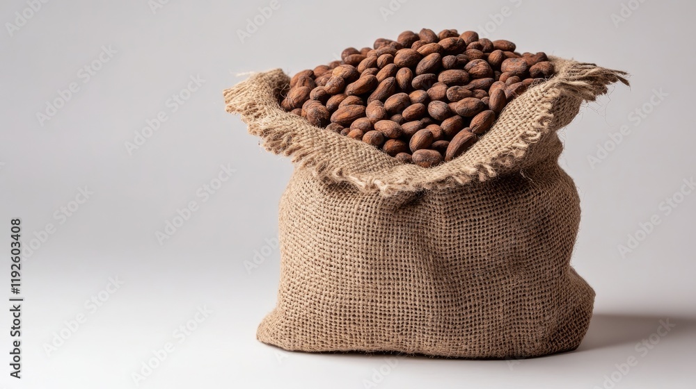 Poster Raw cocoa beans spilling from a rustic burlap sack showcasing natural textures and earthy tones ideal for food and agriculture imagery.