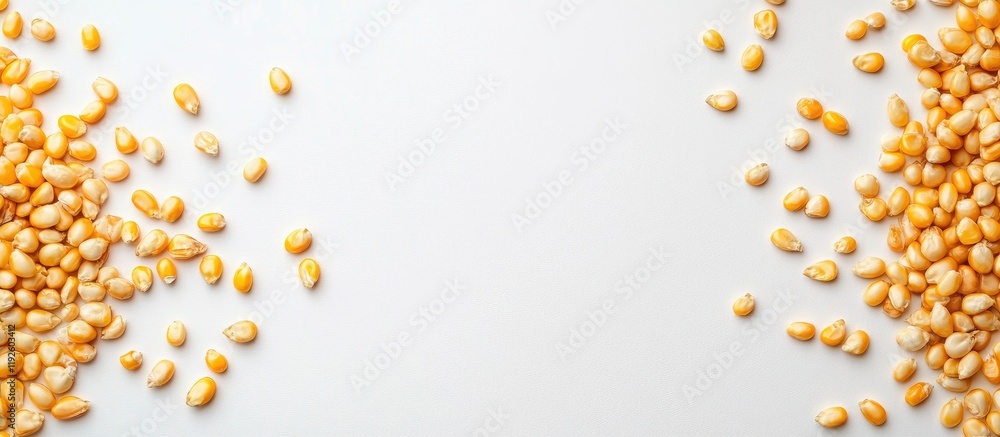 Poster Corn kernels arranged on a white background with subtle green and yellow hues creating empty space for text or graphic design elements