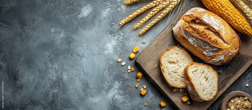 Poster corn and freshly baked bread on a gray stone surface with wheat ears and empty space for text or des