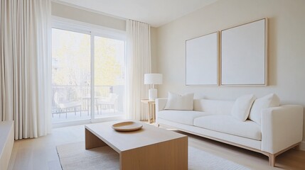 Fototapeta premium Bright, minimalist living room featuring a sofa, coffee table, and large windows with soft curtains.