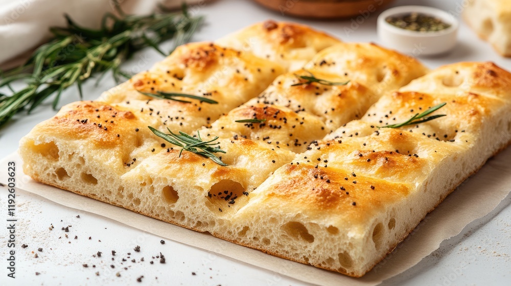 Poster homemade focaccia bread cross section flatlay with fresh toppings and herbs on a white background sh