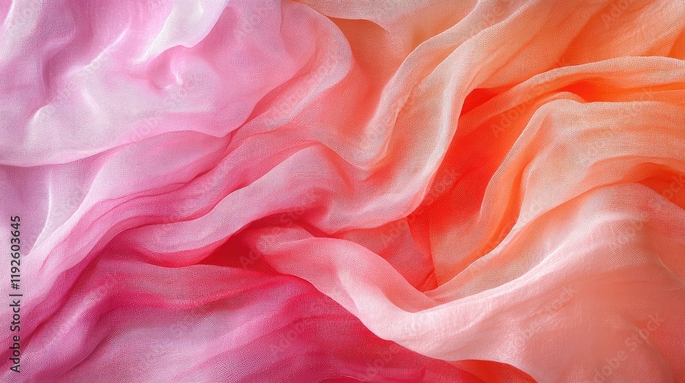 Poster Soft flowing fabric in gradient shades of pink and orange creating an abstract elegant background with gentle texture and rich color depth