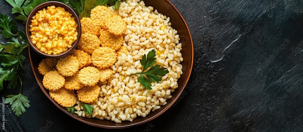 Aufkleber corn biscuits and puffed rice served in a bowl with fresh herbs creating an inviting indian evening 