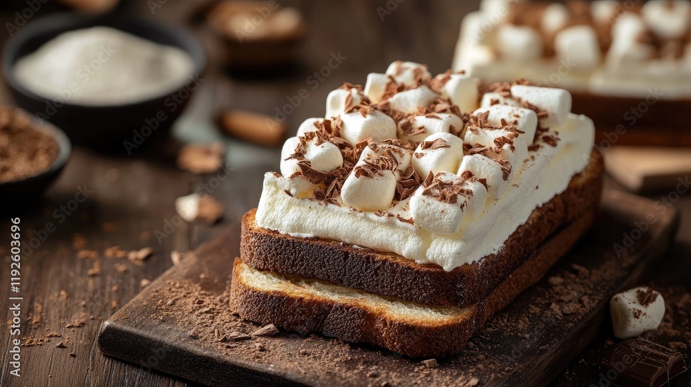 Poster delicious coco marshmallow toast topped with whipped cream and chocolate shavings on a rustic wooden