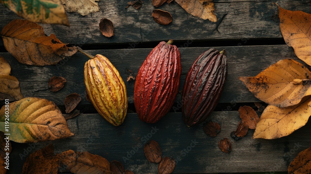 Poster Cocoa beans and colorful cacao pods surrounded by autumn leaves on a rustic wooden table setting