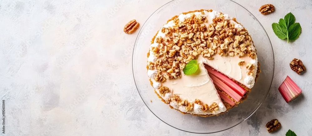 Poster rhubarb cake with walnuts on a clear plate surrounded by fresh ingredients and blank space for text 
