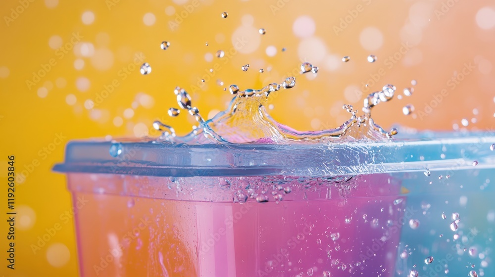 Poster colorful plastic container splashing water macro shot on vibrant textured background highlighting dr