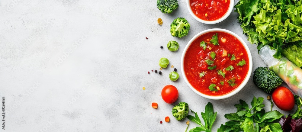 Poster Fresh spring rolls served with vibrant red salsa and a blank space for customizable text or branding in a culinary setting.