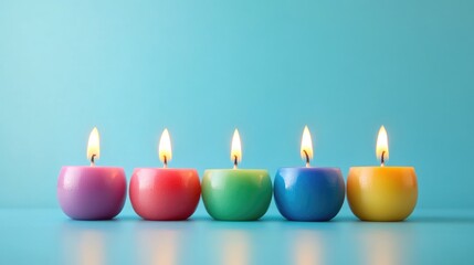 Vibrant Rainbow Candles Alight on Soft Turquoise Surface Creating a Peaceful Minimalist Atmosphere