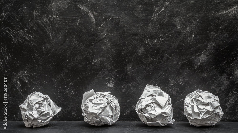 Fototapete Crumpled paper balls arranged on a dark background creating a textured space for text and creative design elements