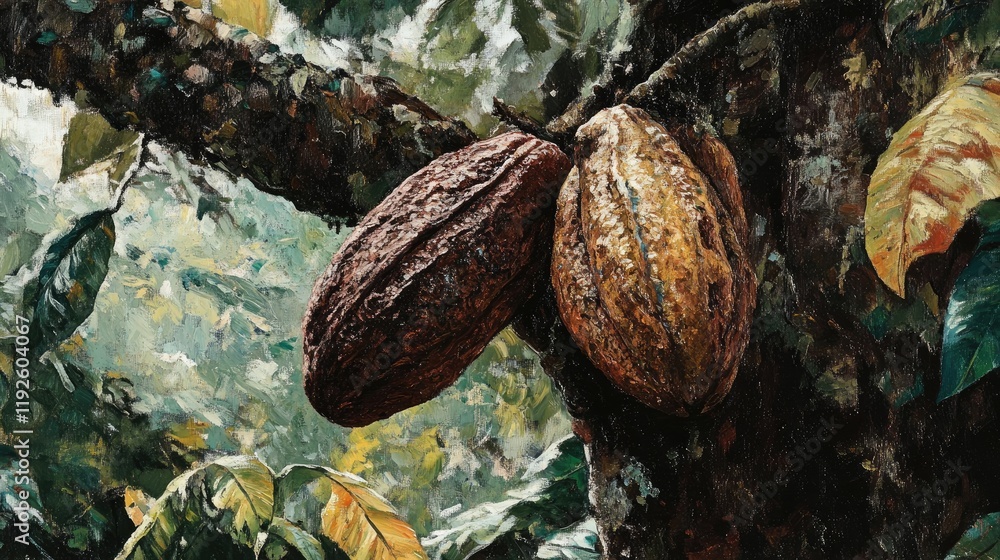Poster cacao pods hanging from a tree branch in a lush green environment showcasing the natural beauty of c