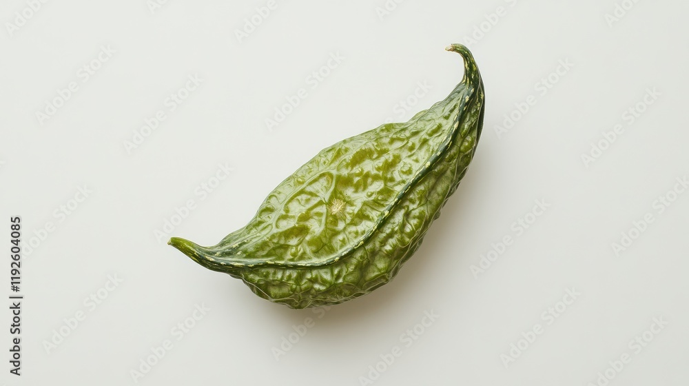 Poster closeup of fresh bitter gourd on a plain white background showcasing its unique texture and vibrant 