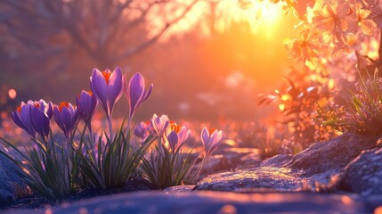 Crocus flowers blooming in golden sunlight with a serene natural backdrop during early springtime moments