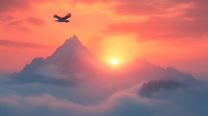 Obraz premium Majestic Eagle Soaring Above Misty Mountain Sunrise