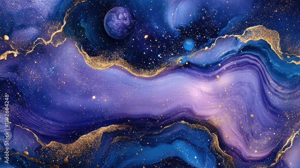 Poster mystical cosmic abstract art featuring stars planets and nebulae in deep violet with elegant blue an