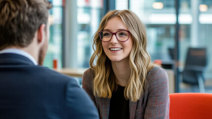 Fototapeta premium young woman with glasses smiles during conversation in modern office setting, showcasing professional atmosphere and engagement