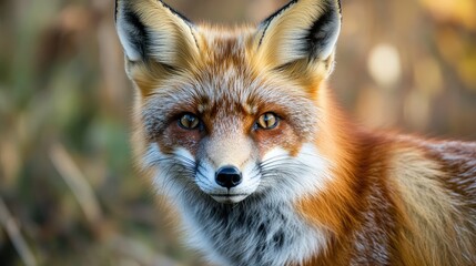 Obraz premium Close up of a red fox with striking eyes in a natural setting showcasing its beautiful fur and attentive expression.