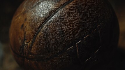 Close-up view of a vintage basketball showcasing texture and details on an aged leather surface.