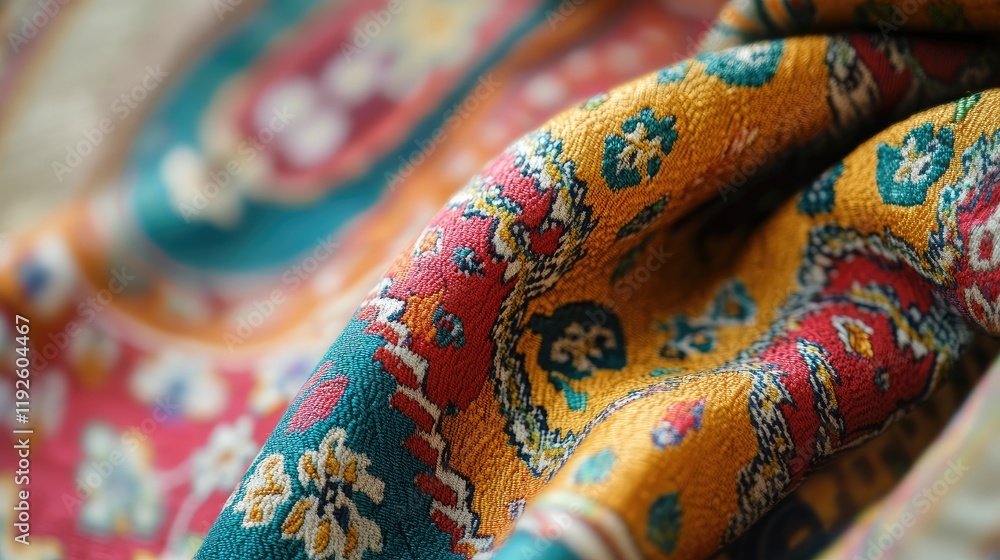 Poster close up of intricate textile design featuring vibrant colors and detailed patterns showcasing craft