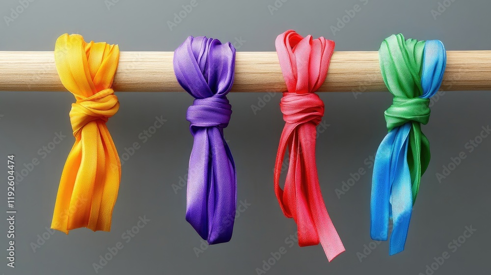 Poster colorful ribbons tied on a wooden pole displaying vibrant textures and patterns against a neutral ba